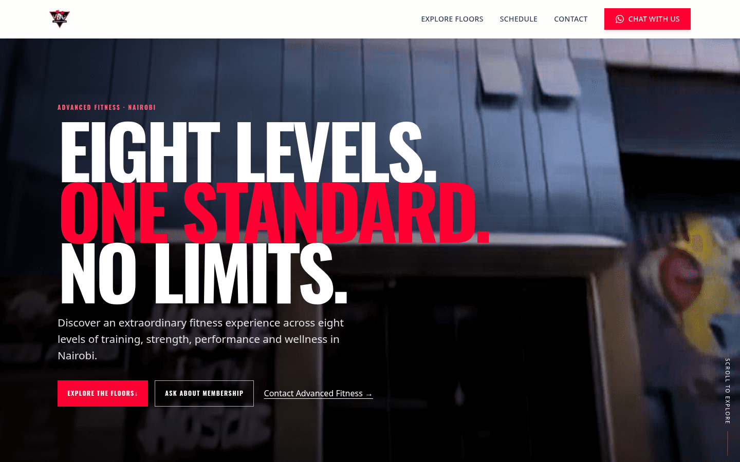 Home page of Advanced Fitness Centre, an eight-level gym in Nairobi