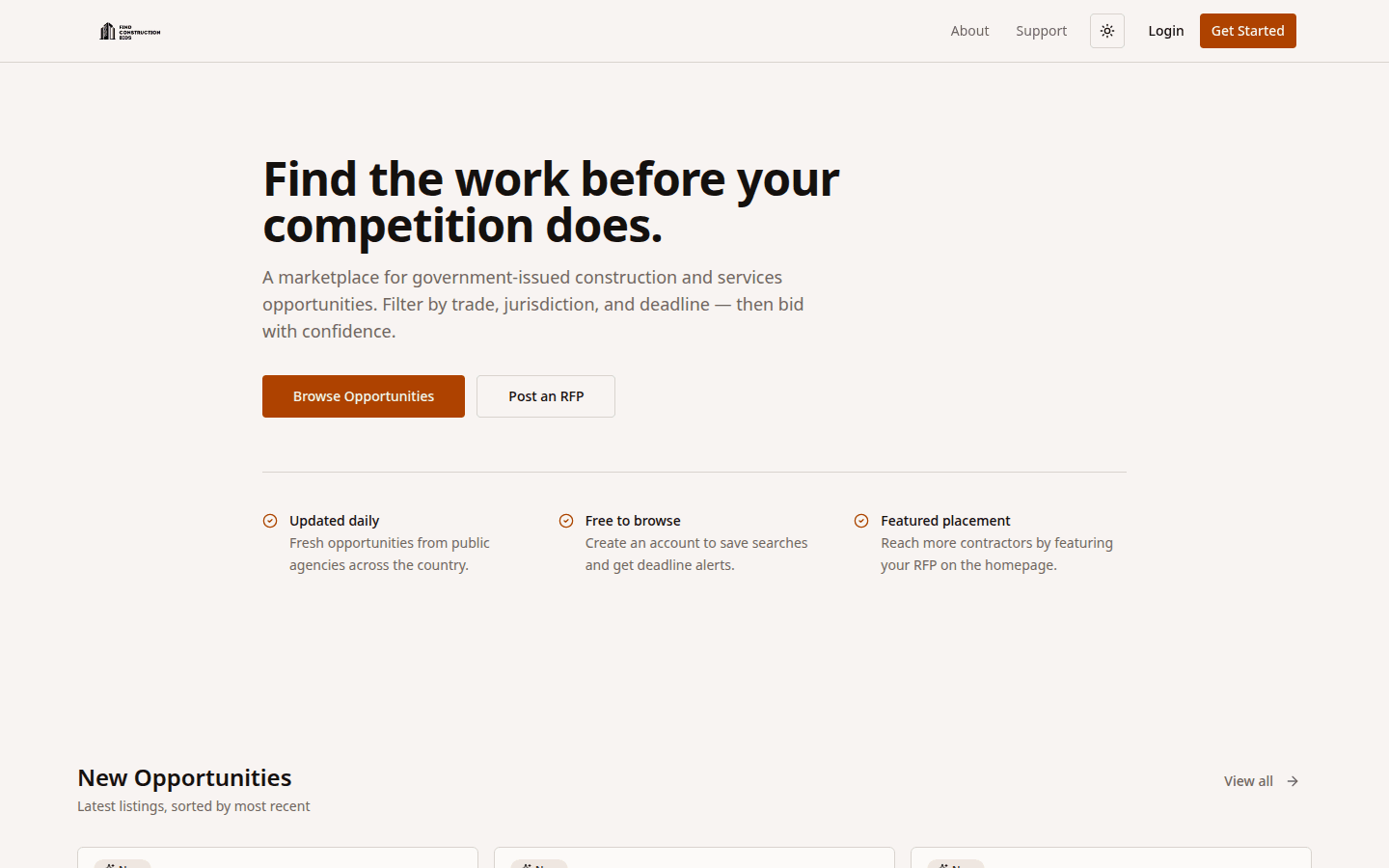 Home page of Find Construction Bids, a marketplace for government construction and services opportunities