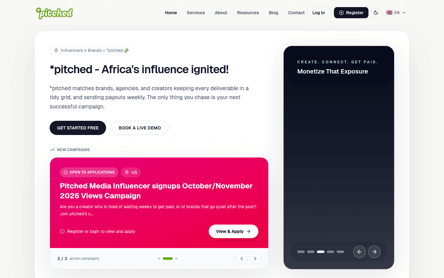 Home page of Pitched, an influencer marketing platform for brands, agencies and creators in Africa